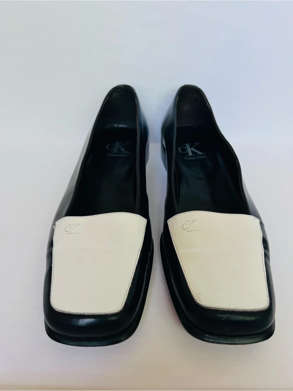 Calvin Klein Collection Black and White Square-Toe Slip-On Loafers